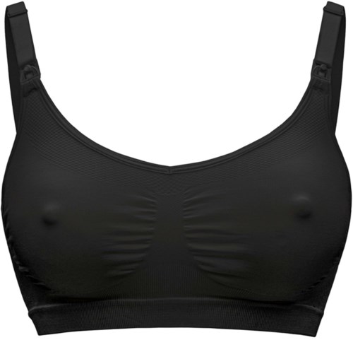 A black sports bra with adjustable straps and a smooth, supportive fabric. No logos or patterns are visible.
