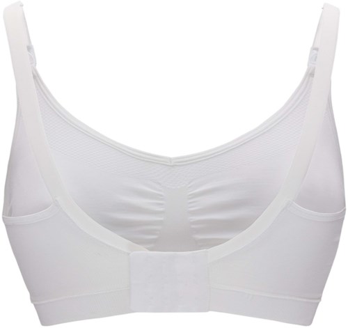 A white sports bra with wide straps and a front closure. It has a simple, functional design for support.