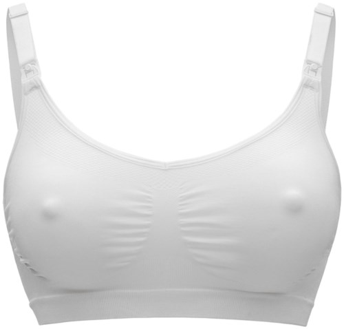A plain white sports bra with adjustable straps and a smooth fabric. It is simple and comfortable.