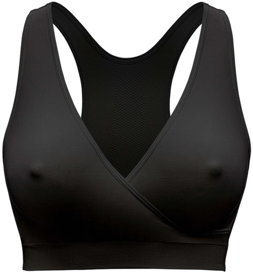 A black sports bra with a cross-over design and mesh panel at the back.