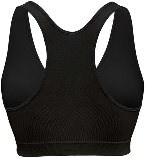 A black sports bra with a racerback design made of stretchy material.