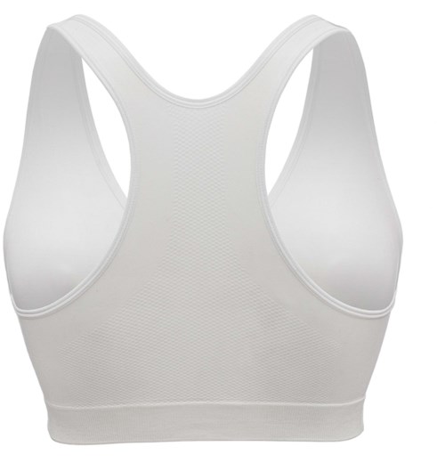 A white sports bra made of stretchy, breathable fabric with wide straps and a supportive front.