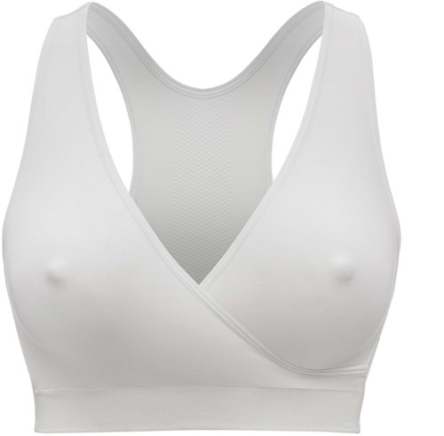 A white sports bra with wide straps and a wrap-around style, designed for support during exercise.