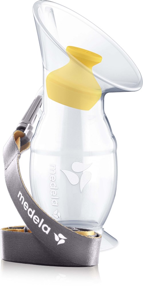 En tydlig plastmaskin med gul filter inuti, kopplad till ett grått band som märks "Medela," används för amning.