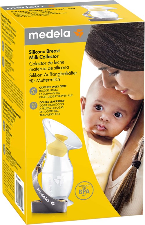 En gul box med en mamma som ammar ett barn och visar en silikonbröstmjölksamlarprodukt från Medela.
