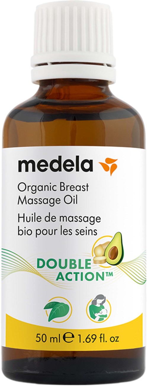 En brun flaska med vit kapsyl som innehåller Medela Organisk Bröst Massage Olja, märkning med gröna och gula detaljer.