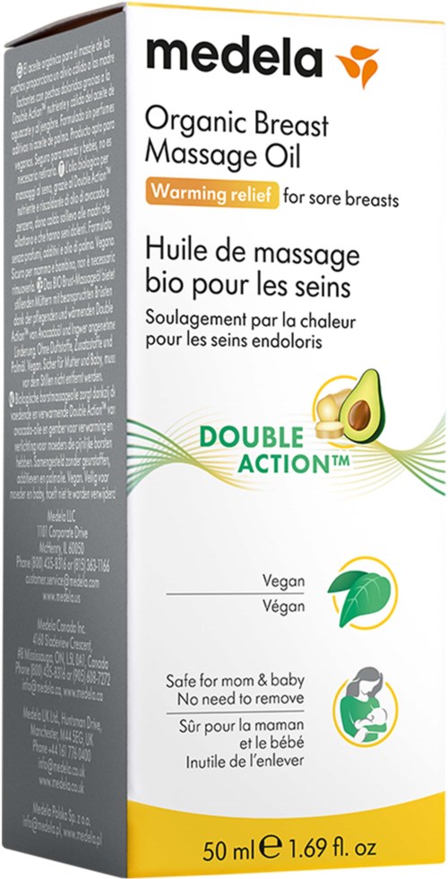 En förpackning med Medela ekologisk bröstmassageolja med avokado, vegansk, mot ömma bröst, 50 ml. Innehåller logotyper och text.