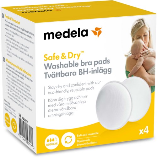 Förpackning med Medela tvättbara bh-inlägg, kvinna och barn, gula och vita färger, fyra inlägg, miljövänliga.