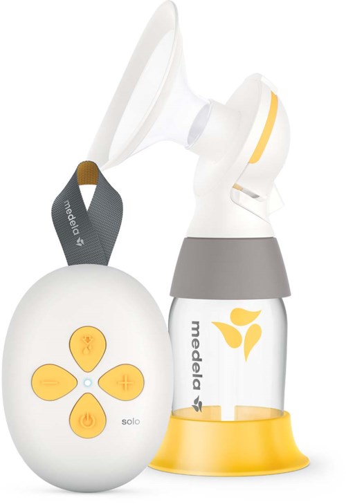 A breast pump with a bottle, control buttons, and a remote control device with yellow and white colors.