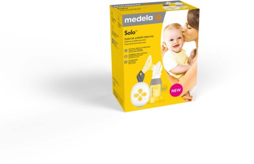 A yellow box of Medela Solo electric breast pump with a mother and baby on the packaging.