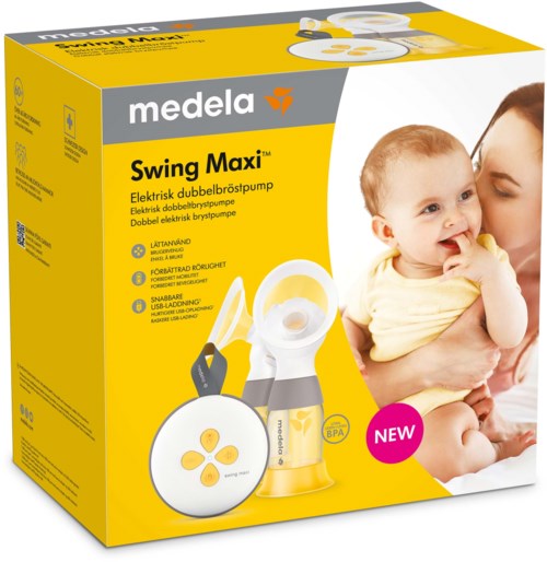 Pudełko z Medela Swing Maxi pompką do piersi, kobieta i dziecko uśmiechają się. Jasnożółty i biały design.