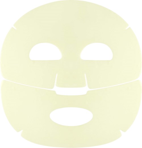 Een lichtgele gelaatshuidmasker met uitsparingen voor ogen, neus en mond, gevormd als een gezicht.