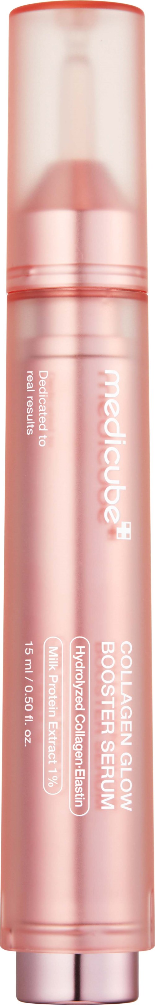 Pink tub med hudvårdsprodukt med pump och etikett Medibuage, Glowing Glow Booster Serum.