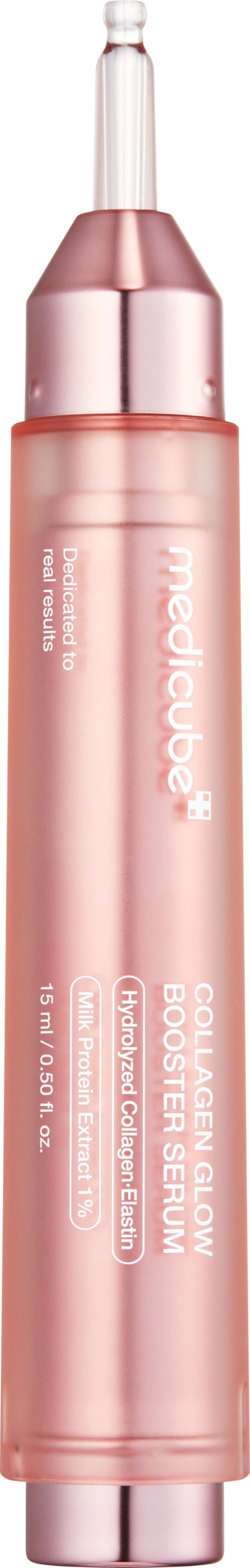 Kosmetisk serum i en rosa flaska med pipett, märkt "medilube" och "collagen glow booster serum."