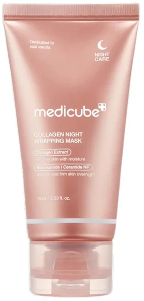 Rosa tub med medicube Collagen Night Wrapping Mask med tekst og merkevarulogo.