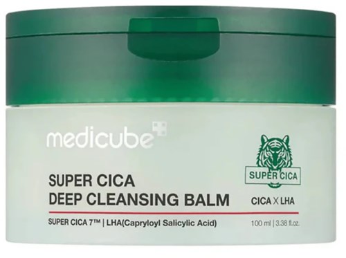 A jar of deep cleansing balm by Medicube with a green lid and white label, labeled Super Cica.