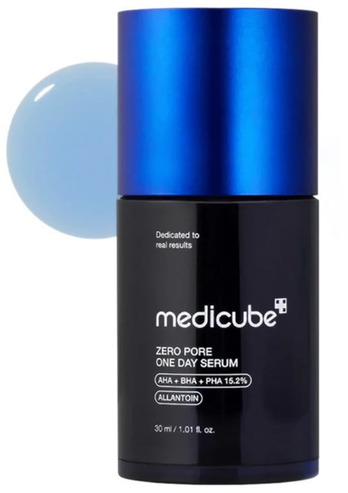 A black and blue bottle of Medicube Zero Pore One Day Serum with product details and a blue droplet.
