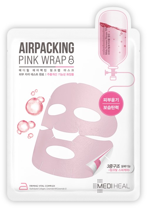 Rosa ansiktsmask med bubblor, IV-droppssymbol och koreansk text på förpackningen.