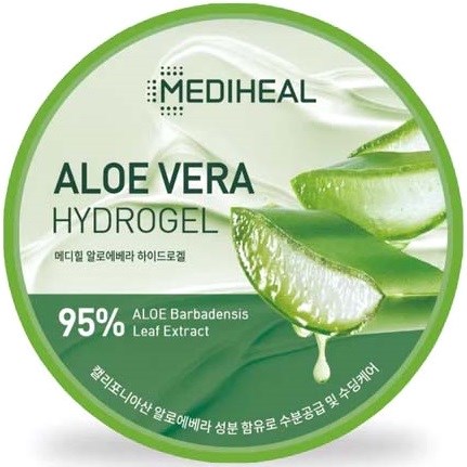 Green aloe vera gel with leaf image. Contains 95% aloe barbadenis extract for skincare.