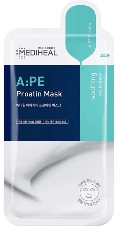 En pakke med Mediheal A:PE Proatin Mask til beroligende hud, hovedsageligt hvid og lyseblå.