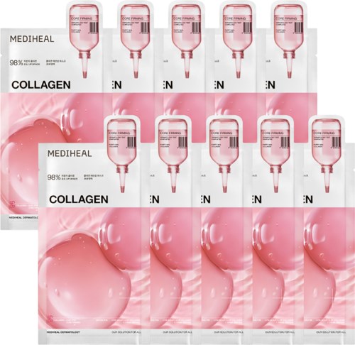 Meerdere dozen collageenserum met roze verpakking en een grote roze druppel op het label.
