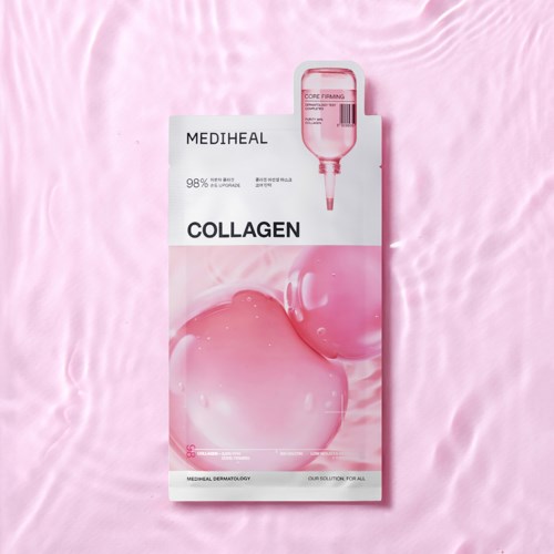 Een collagenverpakking met roze en wit ontwerp, met een spuitillustratie, op een roze getextureerde achtergrond.