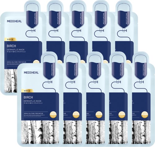 Mehrere Hautpflege-Maskenverpackungen mit Aufschrift Birch DermaPlus von Mediheal, in Reihen. Jede Verpackung hat ein Tubenbild und Text.