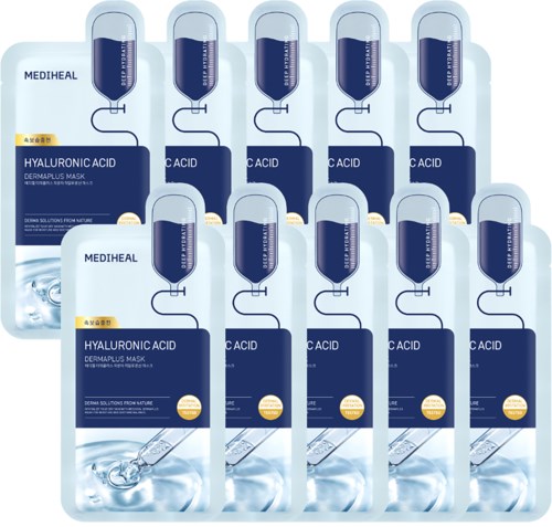 Flera ansiktsmasker med hyaluronsyra i små påsar, med blå och vit design och en droppe serum som illustration.