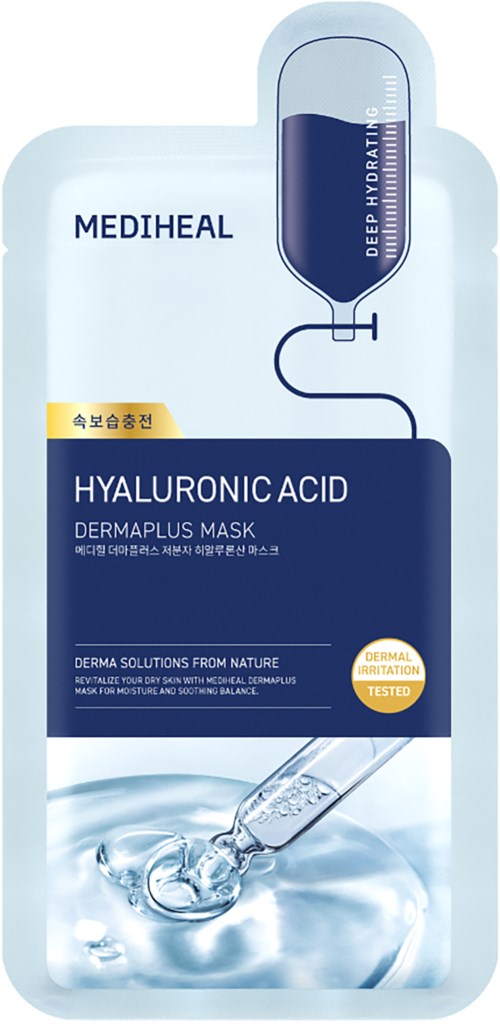 Förpackning för en hyaluronsyra dermaplansmask, visar en pipett, vattnetsplash och produktinformation.