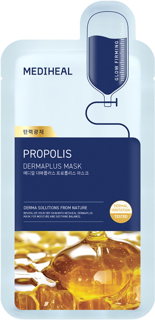 Illustrasjon av en propolis ansiktsmaske med honning dråper nederst og en sprøyte ikon øverst.
