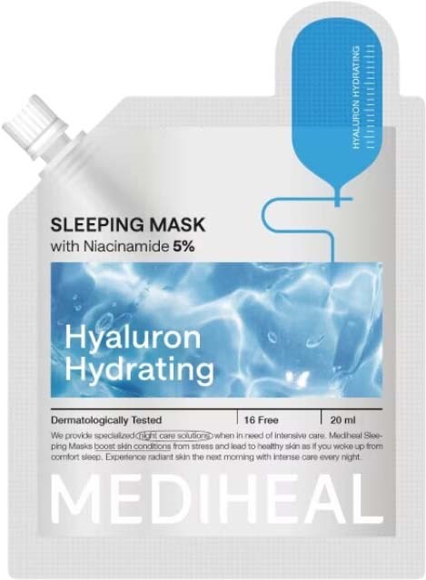 A packet with a sleeping mask containing hyaluronic acid, designed for hydrating and soothing skin.