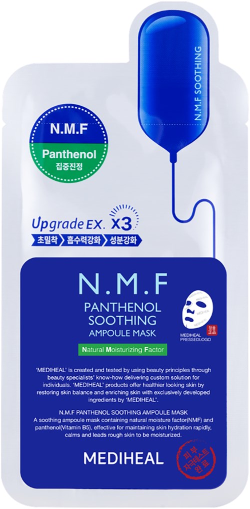 Hautpflege-Maske in blauer und weißer Verpackung, Heilkräuter für beruhigende Gesichtshaut, Mediheal-Logo, erwähnt Panthenol.