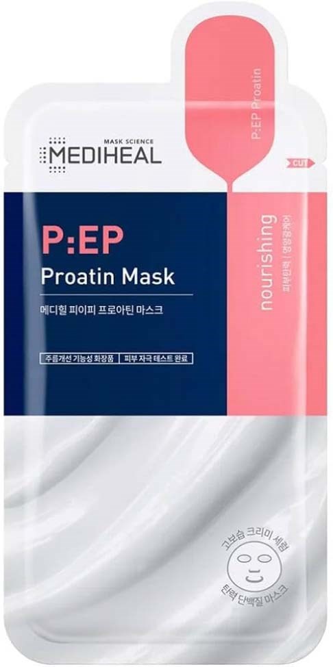 Opakowanie maski na twarz z napisem P:EP Proatin Mask, z różową i niebieską sekcją, oraz małą ilustracją twarzy.