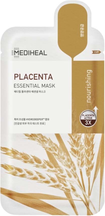 Valkoinen ja kultainen Mediheal Placenta Essential Mask -pakkaus, jossa heinät ja ravitseva etiketti.