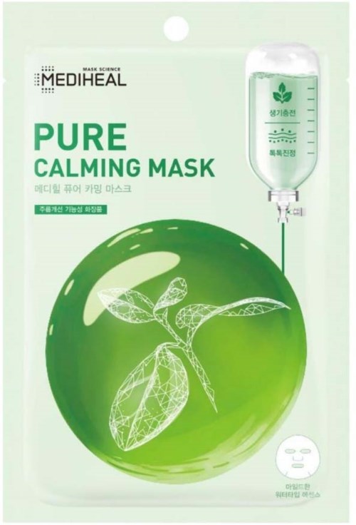 A facial mask packaging with a green leaf design, IV drip illustration, and text saying 'Pure Calming Mask'.