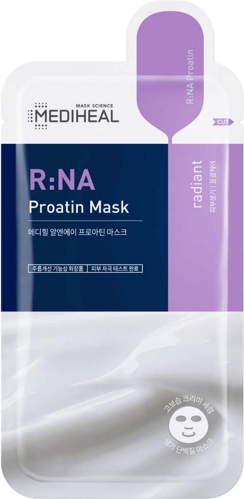 Pakning for Mediheal R:NA Proatin Mask med lilla og hvite farger, viser en væskesplitt og ansiktsmaskikon.