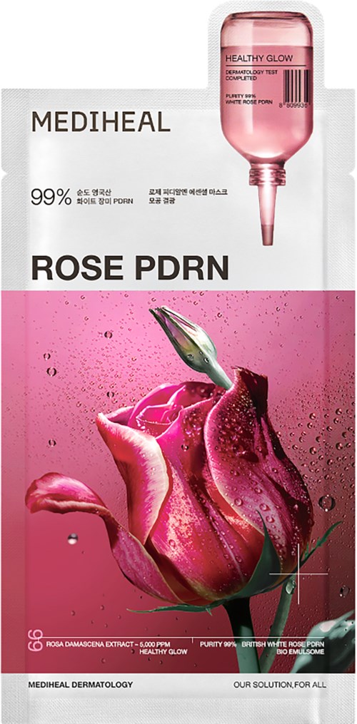 Verpakking voor een rozen schoonheid product met roze kleur, een rozenafbeelding en tekst over het product.
