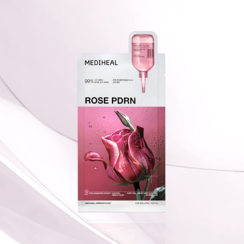 Een huidverzorgingsproduct genaamd Rose PDRN door Mediheal met een roze roos en een pipet op de verpakking.