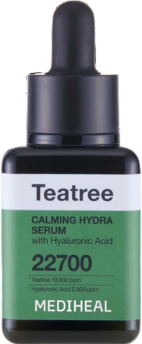 En liten svart flaske med dråpetrekker, merket Teatree Calming Hydra Serum med hyaluronsyre, Mediheal.