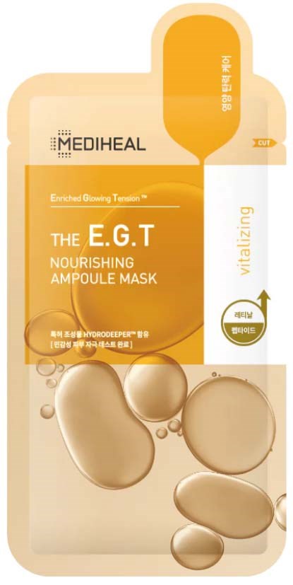 En pakke med Mediheal E.G.T nærende ampullmaske med gule og beige farger, som viser bobler eller dråper.