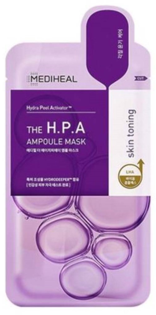 Fioletowe i białe opakowanie maski na twarz z napisem 'H.P.A Ampoule Mask' i 'Skin Toning'.