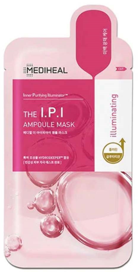 Pink förpackning för Mediheal I.P.I Ampoule Mask, innehåller bubblor och produktnamn.