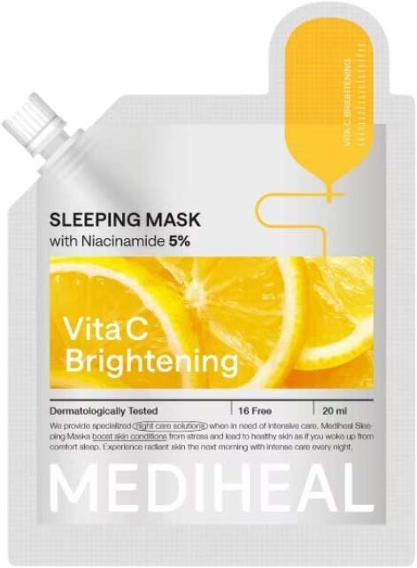 A white face mask packet labeled 'Vita C Brightening' with lemon images, contains Niacinamide and is for skin brightening.