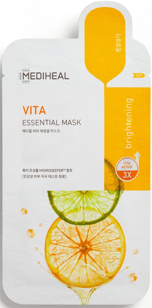 En pakke fra Mediheal Vita Essential Mask viser bilder av sitron, lime og appelsinskiver som fremhever lysnende virkninger.