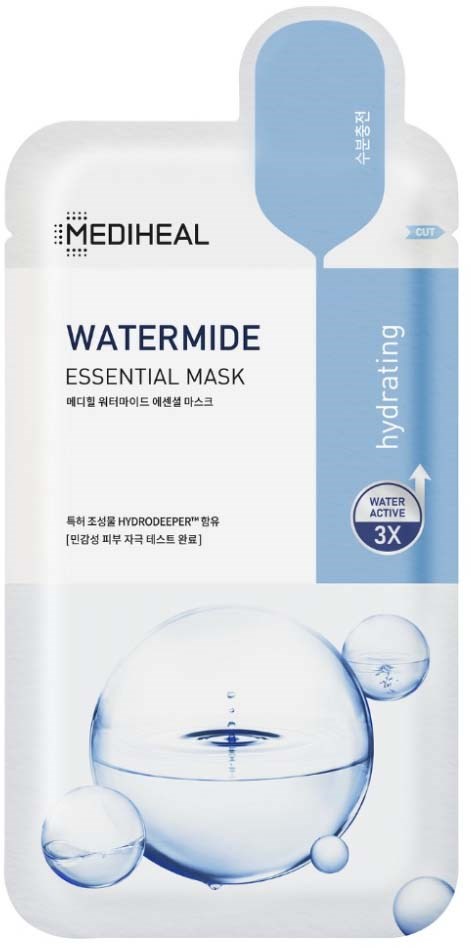 A skincare mask package with blue and white colors, water splash design, and text about hydration and water active ingredients.