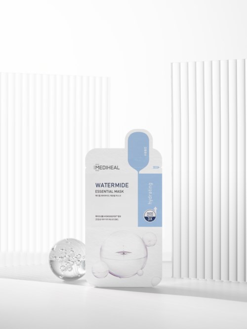 A package of Mediheal Watermedie essential mask with a white and blue design, placed between two white textured panels.