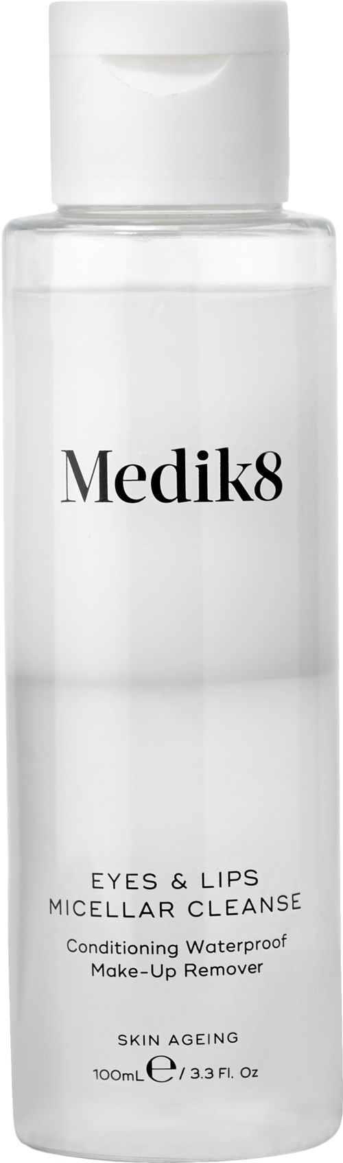 Klart flaske merket Medik8, for øyne og lepper, vanntett micellær rens, make-up fjerner, for anti-aldring, 100ml.