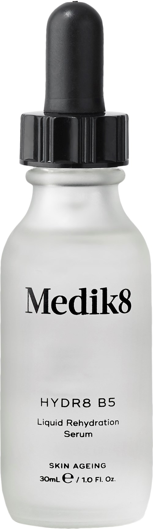 A white bottle with a black dropper cap. The label reads Medik8 HYDR8 B5 Liquid Rehydration Serum. It is for skin aging.