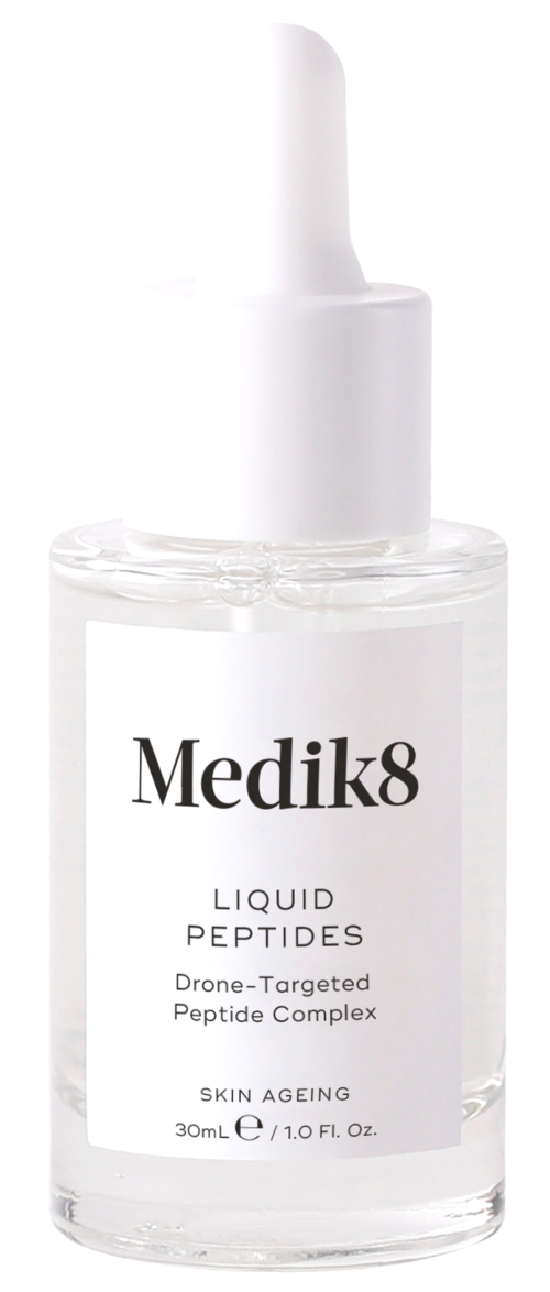 A clear bottle with a white dropper top, labeled Medik8 Liquid Peptides for skin aging, 30ml.