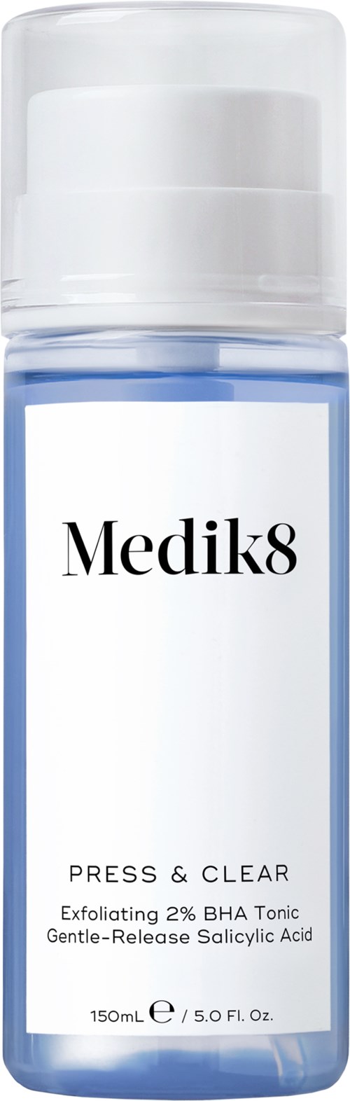 Eine klare Flasche mit dem Aufdruck 'Medik8'. Enthält einen Toner mit BHA und Salicylsäure.